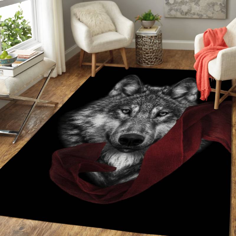 wolf with red shal   – Animals Wallpapers Area Rug Carpet