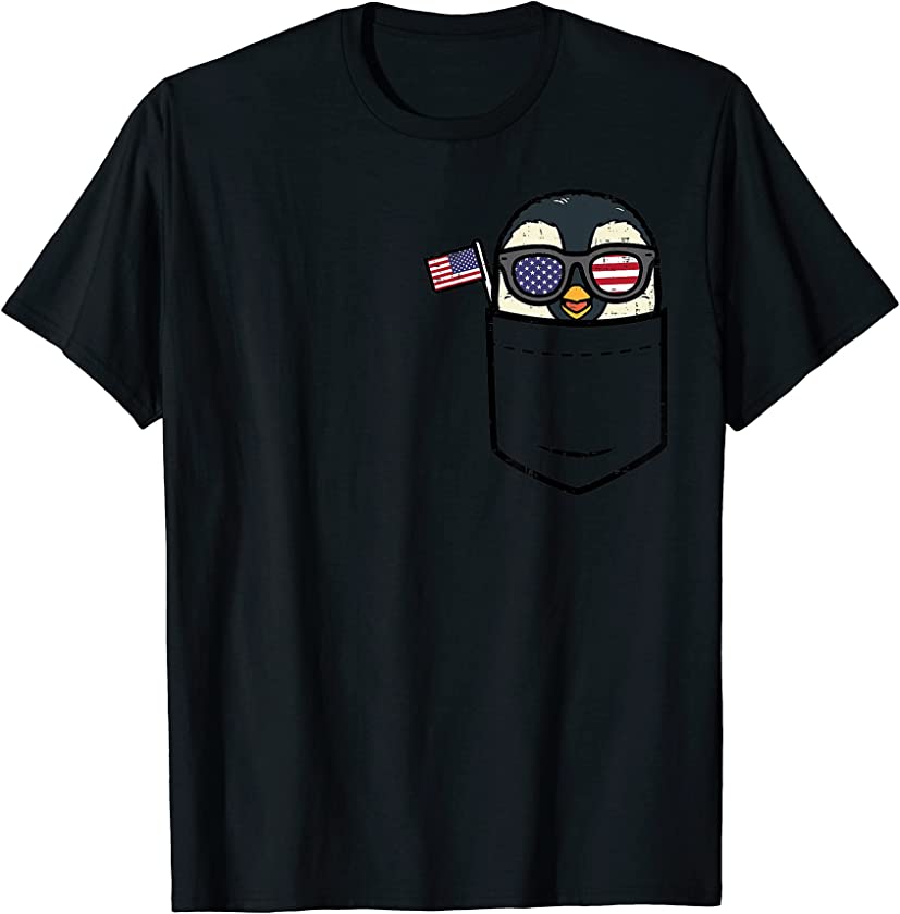 Penguin Pocket American Flag USA 4th Of July Fourth Animal T-Shirt