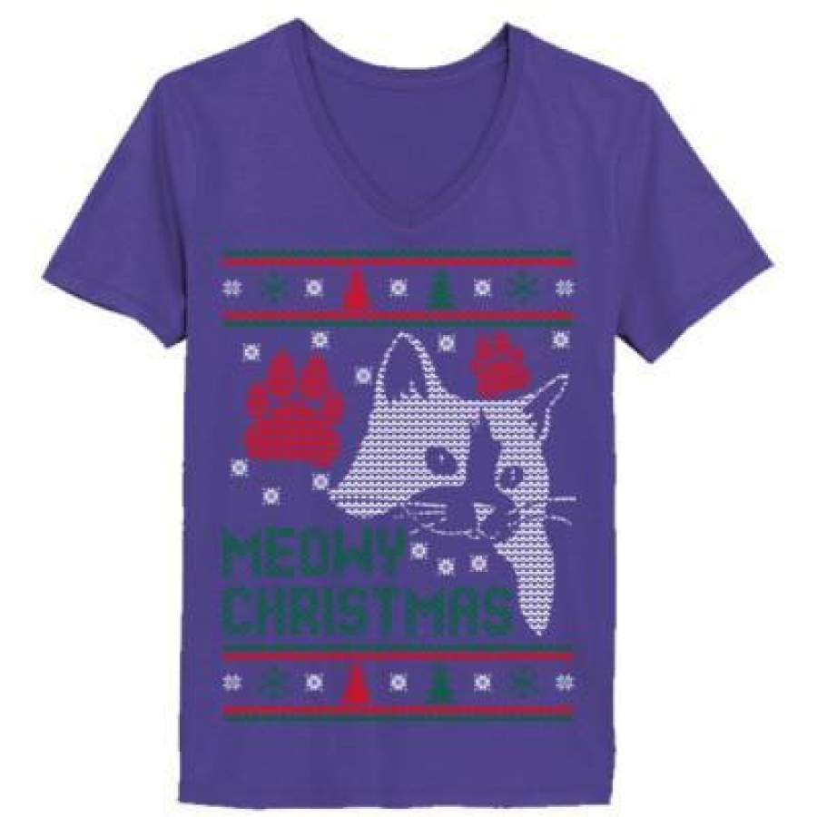 AGR Meowy Christmas Cat Ugly Christmas Sweater Xmas – Ladies’ V-Neck T-Shirt