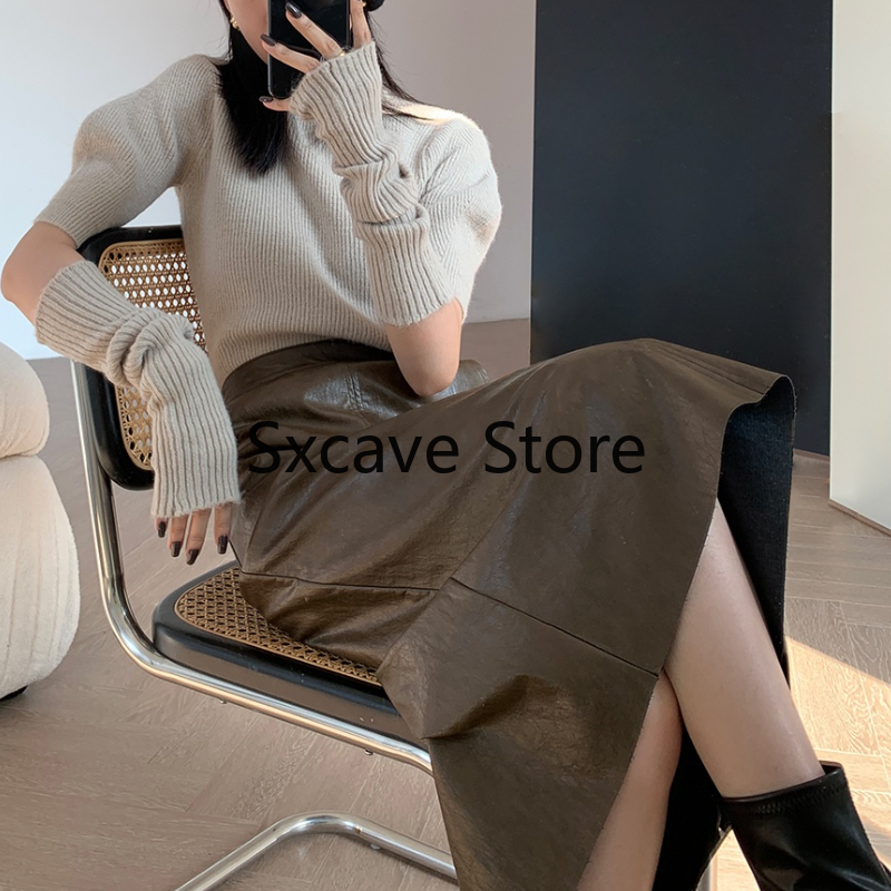 2022 Spring Knitted Sweater Women Casual Design Long Sleeve Pure Color Slim O-Neck Pullover Korean Y2k Crop Tops Office Lady alx