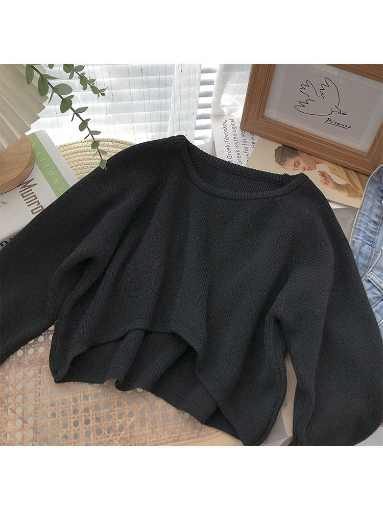 Solid Casual Crew Neck Korean Fashion Knit Pullover Women Spring Autumn New Vintage All-match Loose Sweater Long Sleeve Top Shor alx