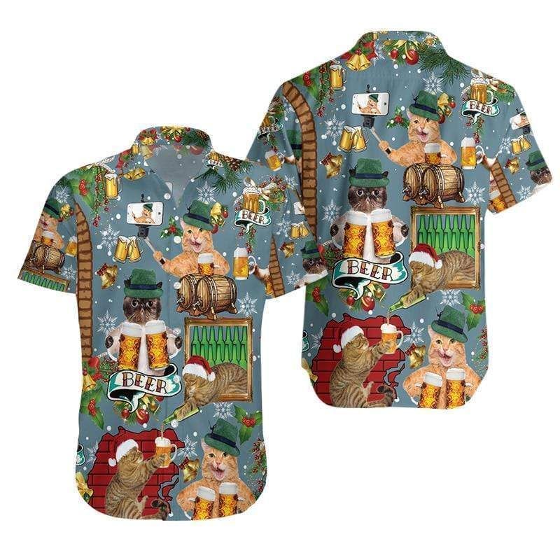 Discover Cool Cat Drinking Beer Merry Christmas Hawaii Shirts Ha46775