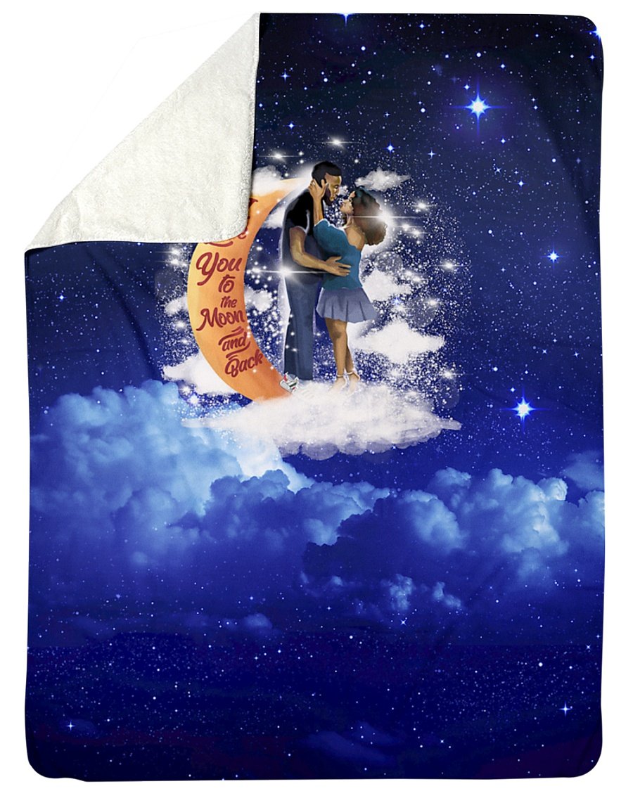 Black Couple Art – I Love You To The Moon And Back Personalized Custom Name Date Sherpa Fleece Blanket Print 3D, Unisex, Kid, Adult