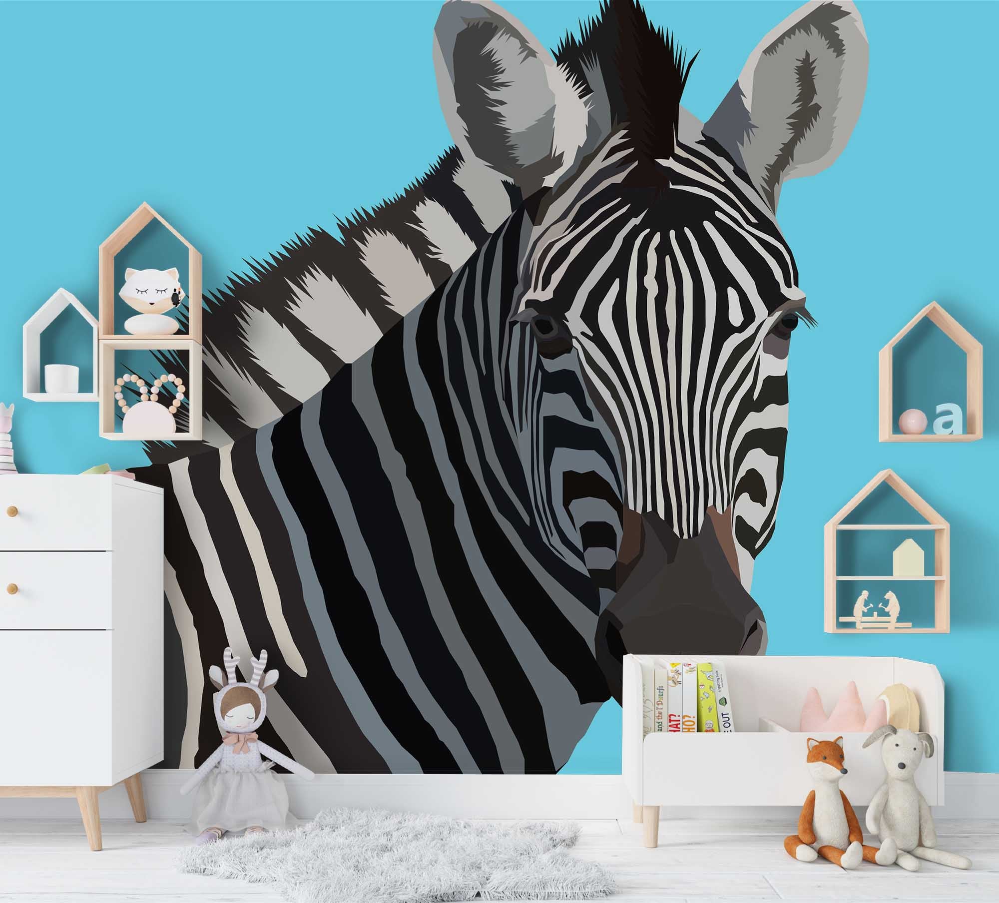 3D Grassland Animals Zebra Blue Background Wall Mural Wallpaper Zy D14