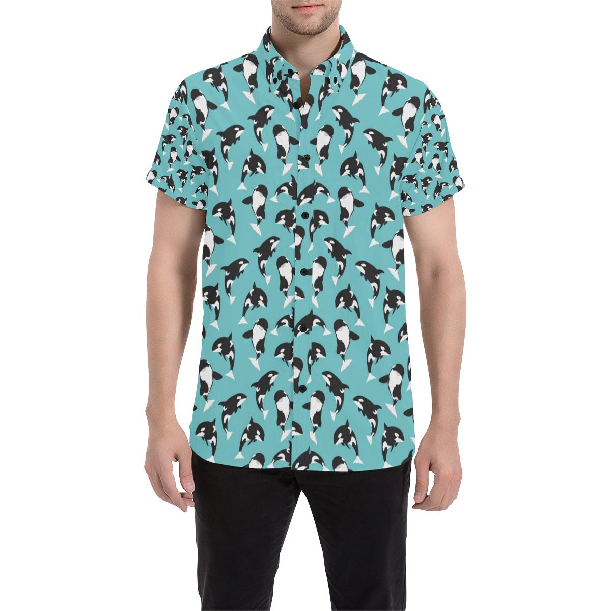 Whale Action Design Themed Print Men Button Up Shirt