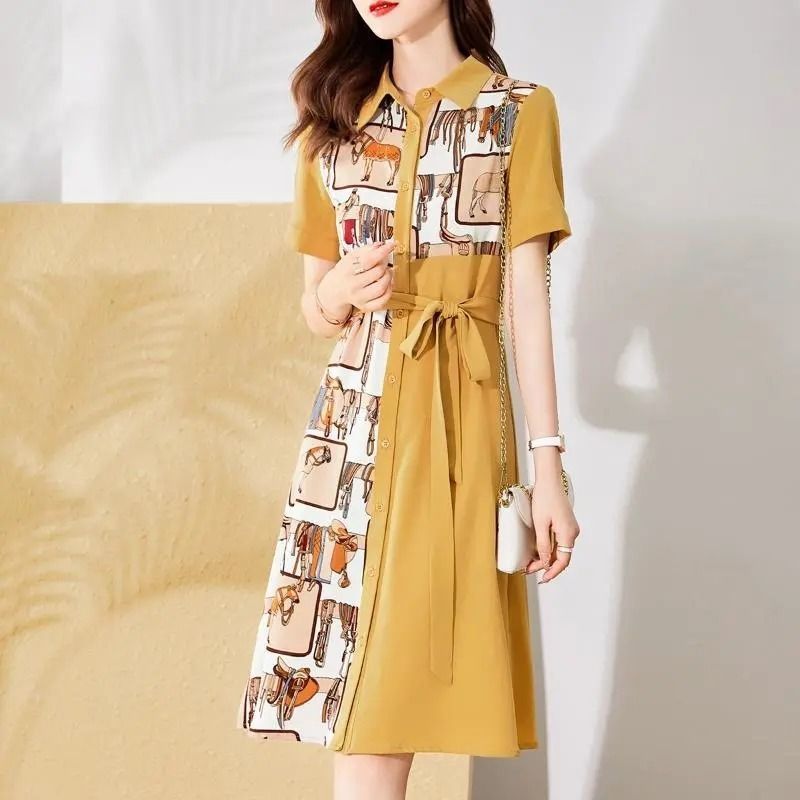 Summer Elegant Intellectual Fashion Contrasting Colors Midi Dress Women Lapel Button Up Tunic Print Dresses Short Sleeve Vestido alx