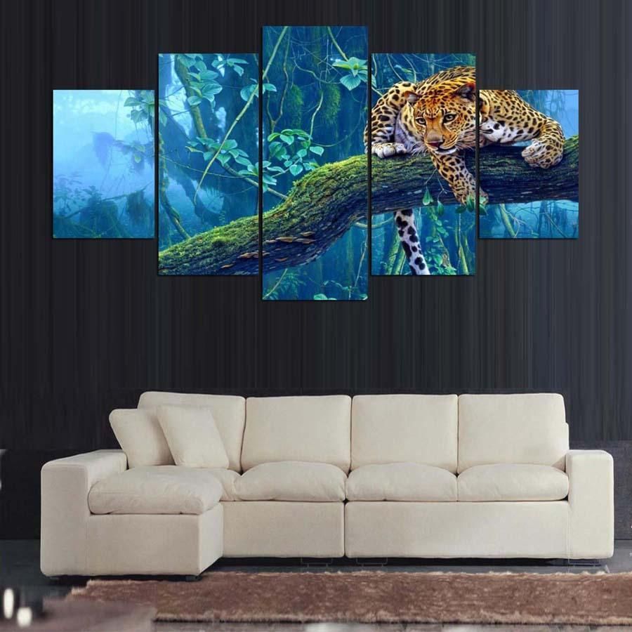 Tiger On The Tree Animal 5 Panel Canvas Art Wall Decor