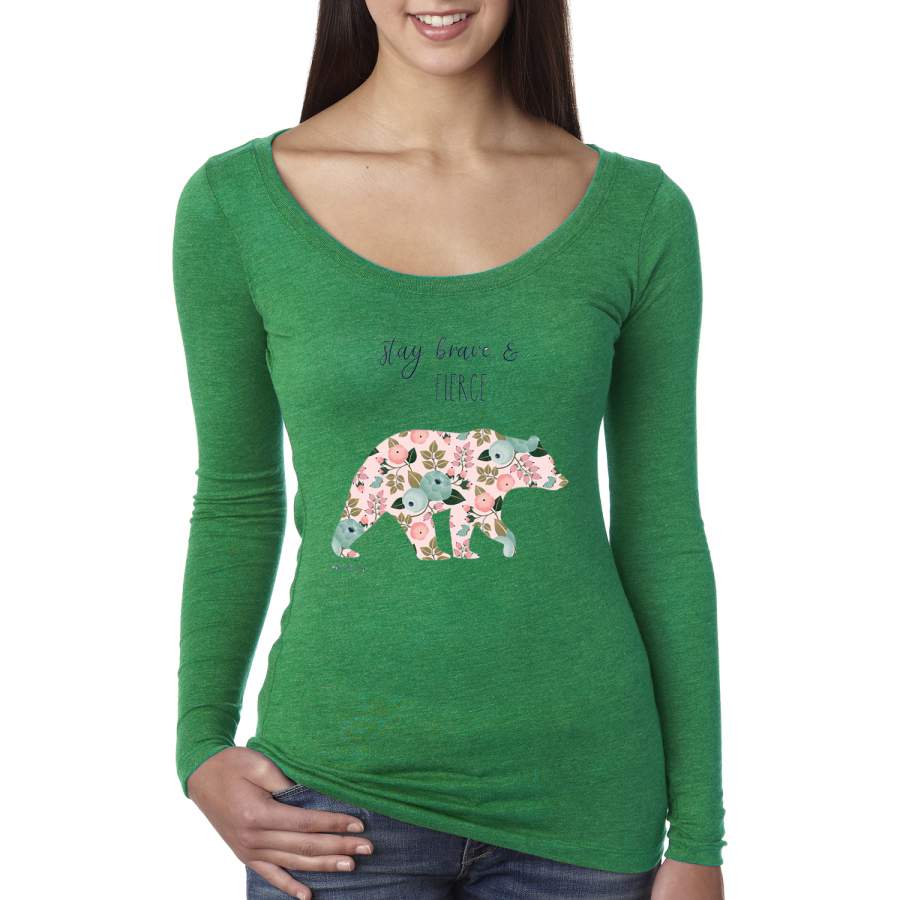 Stay Brave and Fierce Cute Mosaic Flower Bear Animal Lover Womens Scoop Long Sleeve Top