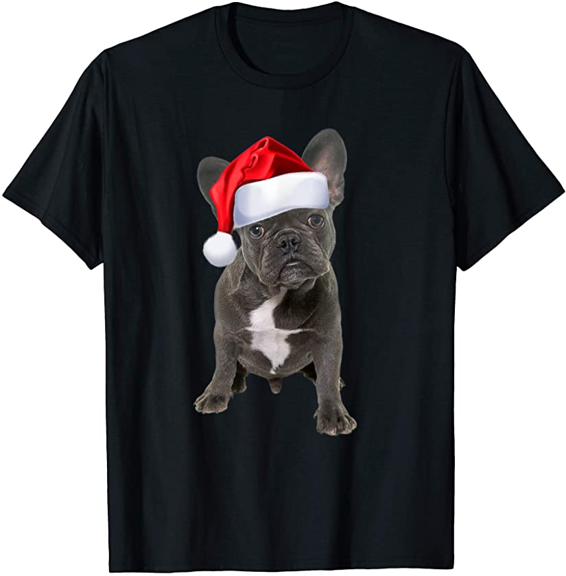 Cute French Bulldog Shirt Puppy Santa Hat Fun Christmas Gift T-Shirt