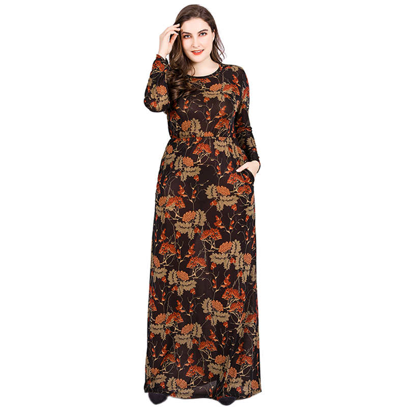 5XL 6XL Plus Size Dresses Long Sleeve Women Autumn Winter Retro Floral Printing Vintage Dress Pockets Floor Length Muslim Dress alx