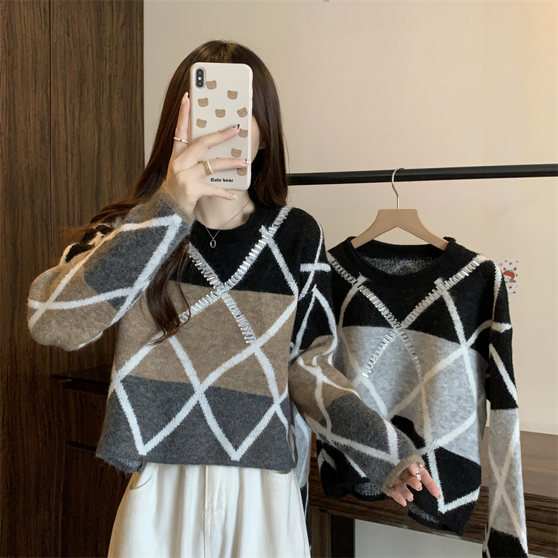 2023 New Pullovers Women Cropped Argyle Preppy Retro Simple Spring All-Match Femme Fashion Sweaters Soft Knitwear Korean Style alx