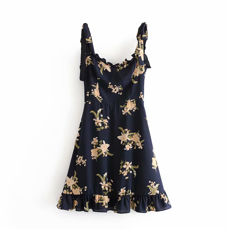 Bazaleas Elegant Floral Print Navy Chiffon Dresses Vintage Adjust Spaghetti Strap women dress Fashion Ruffles vestidos alx