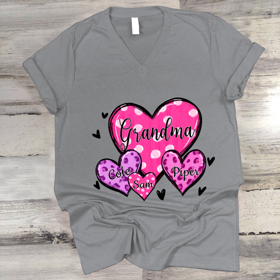 Grandma Hearts With Grandkids Leopard V-Neck