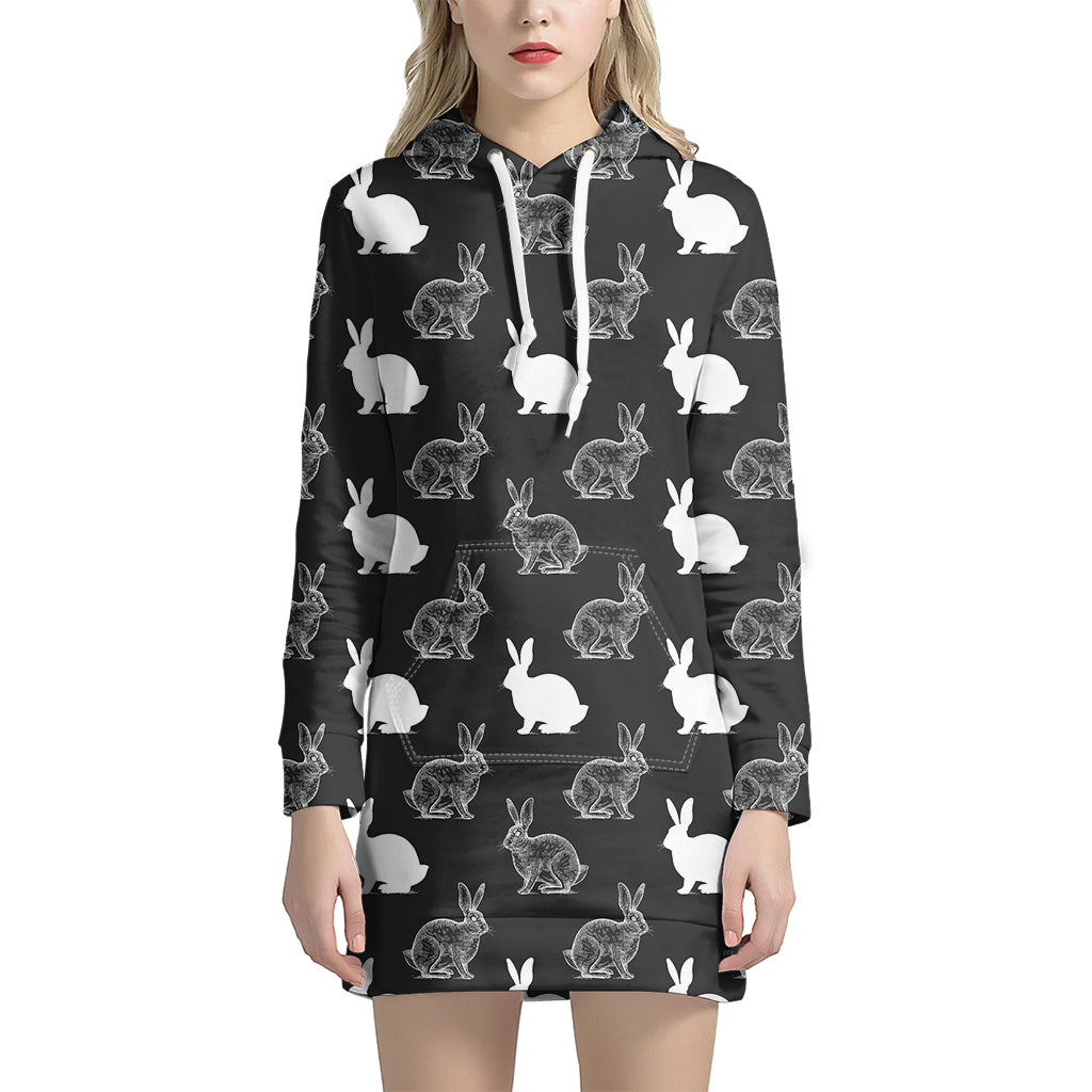 Black And White Rabbit Pattern Print Women’S Pullover Hoodie Dress