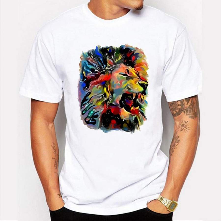 Summer Oil painting lion print O-neck Animal Printed Men T-shirt Tops