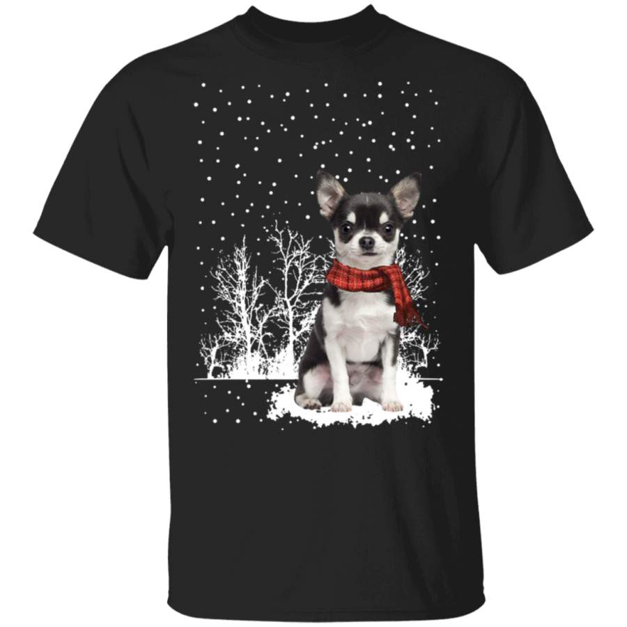 Chihuahua Snow Falling T-Shirt Cute Puppy Wear Scarf Ugly Christmas Shirt For Men Women