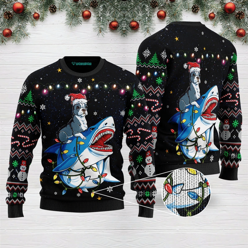 Shark Boston Terrier Ugly Christmas Sweater