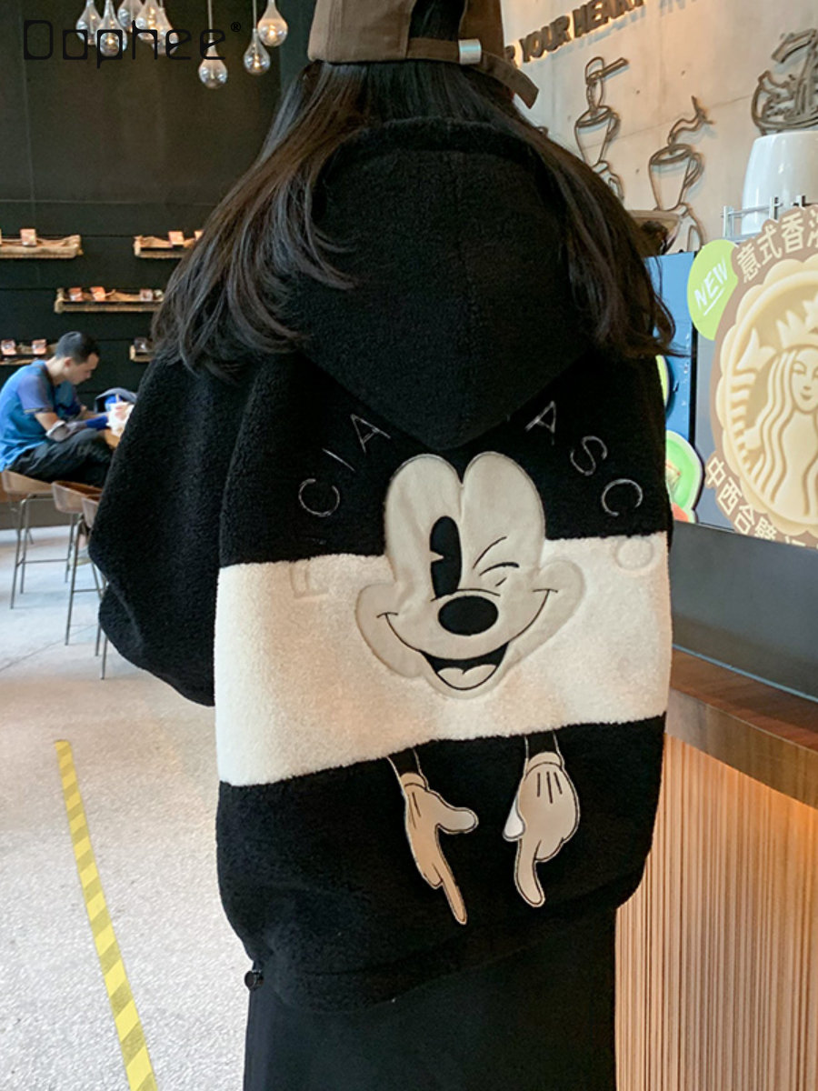 2022 Autumn and Winter Clothes Women Fashion Cartoon Lamb Wool Coat for Female Student Loose Thick Fleece Hooded Sweatshirts alx