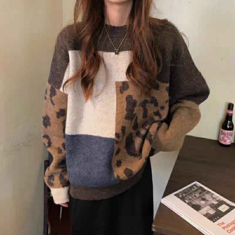 WYWM Winter Vintage Leopard Patchwork Sweater Women Casual Cashmere Knitted Pullovers Ladies Outwear Oversized Female Jumpers alx