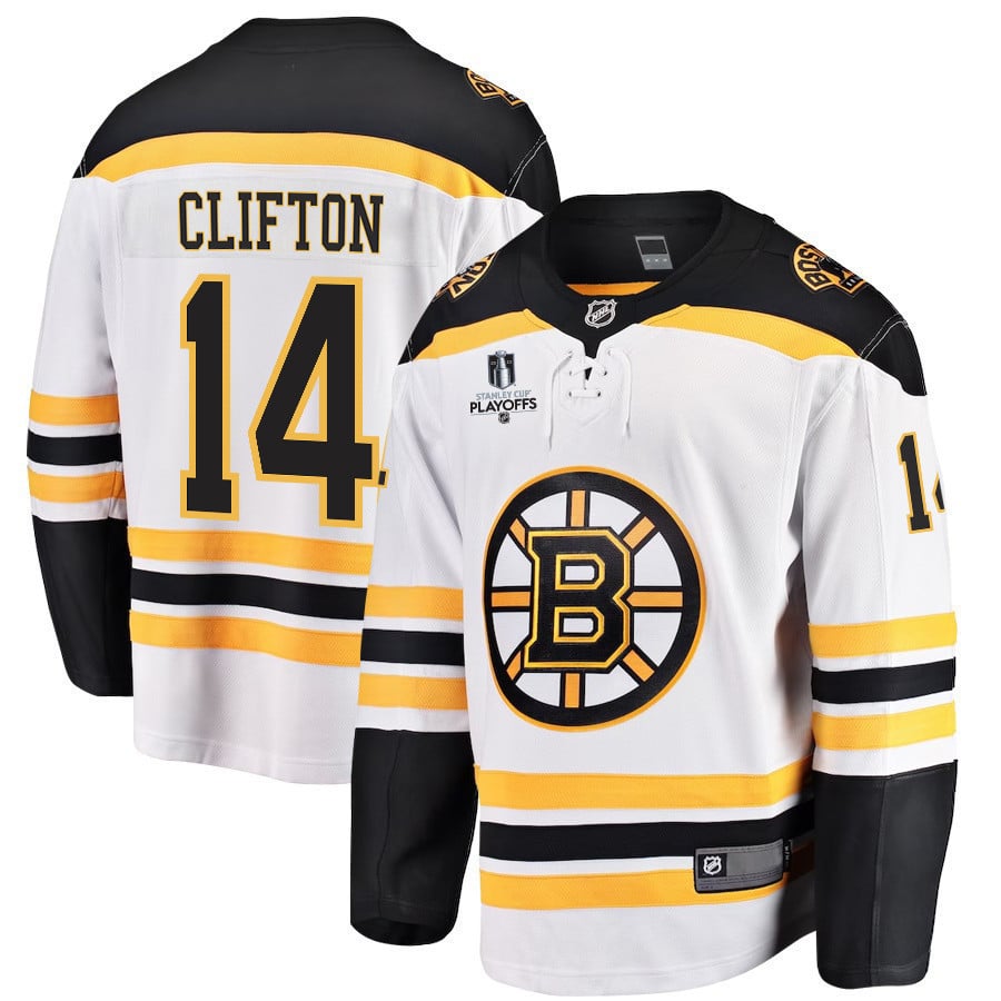 Connor Clifton 14 Boston Bruins Stanley Cup 2023 Playoffs Patch Away Breakaway Men Jersey – White