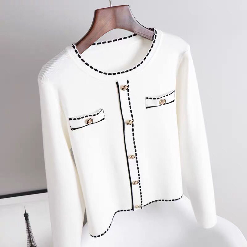 Small Fragrance Color Matching Long Sleeve Sweater Autumn New Women’s Round Neck Pocket High Waist Top Temperament alx