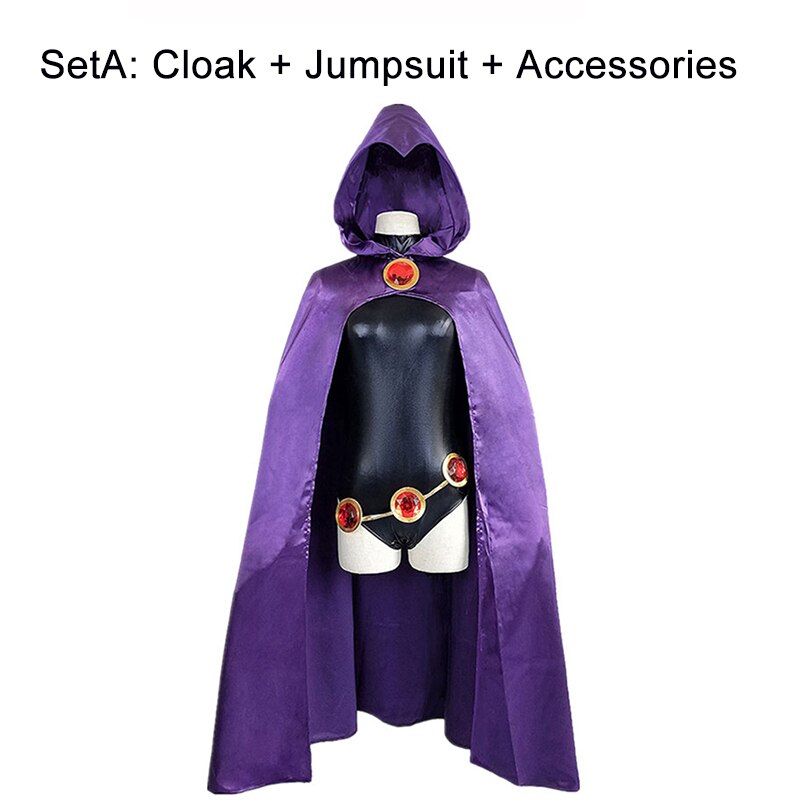 Teen Titans Super Hero Raven Cosplay Costume Women Black Bodysuit Purple Hooded Cloak Jumpsuits Halloween Party Costume alx