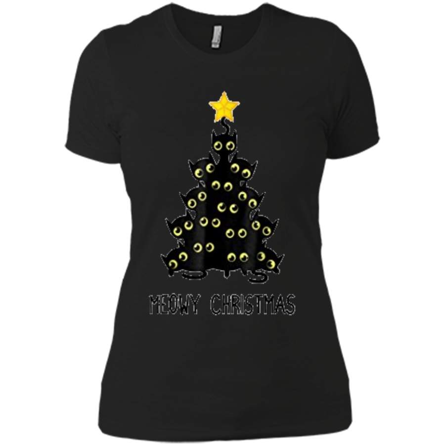 Cat Christmas Tree  Cute Black Kitten Lover Meowy Gift Next Level Ladies Boyfriend Tee