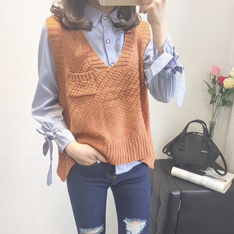 Sweater Vest Women Solid Pockets Knitting New Spring Korean Elegant Ins Loose V-neck Students Outwear Stylish Quality All-match alx