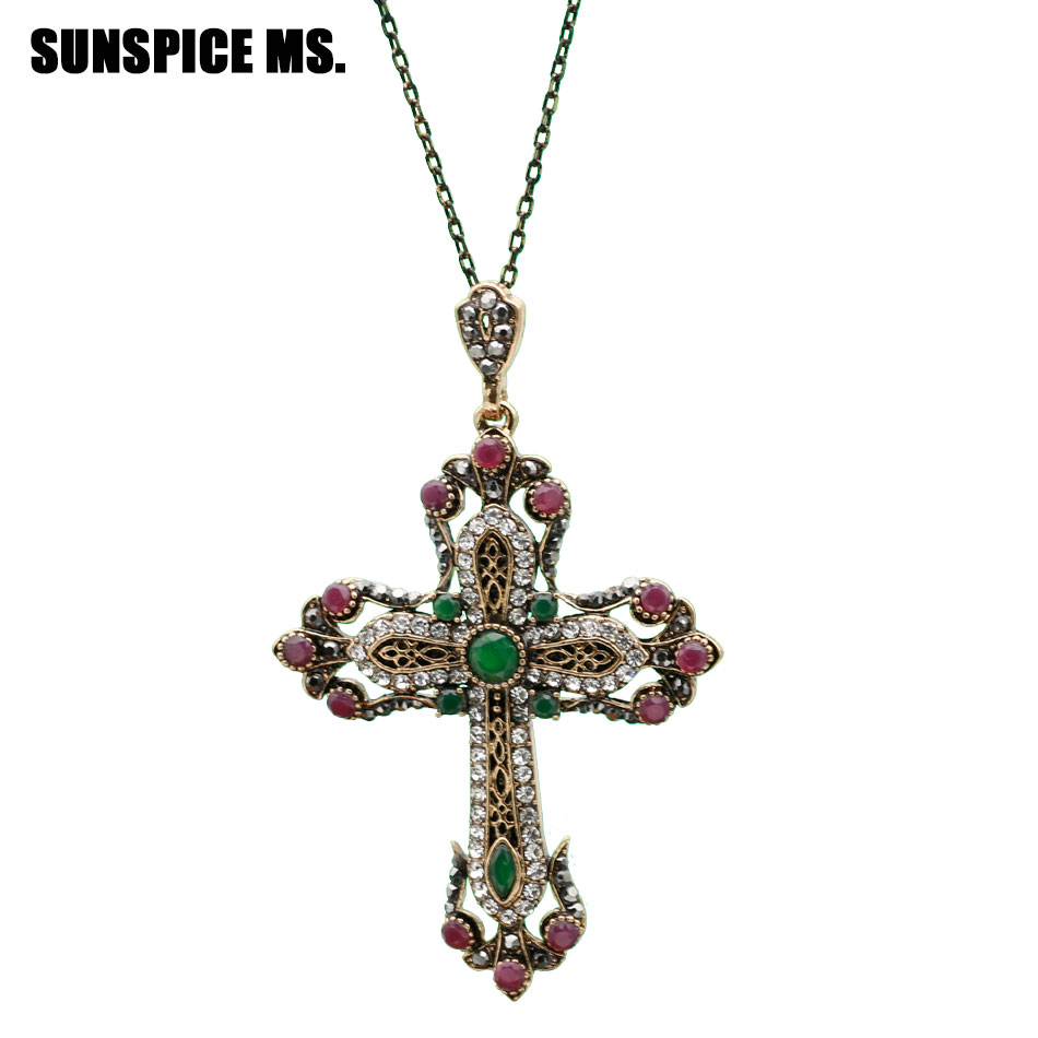 Sunspicems Religious Jewelry Flower Cross Necklace For Women Antique Gold Color Turkish Cross Pendant Necklace Festival Gift alx