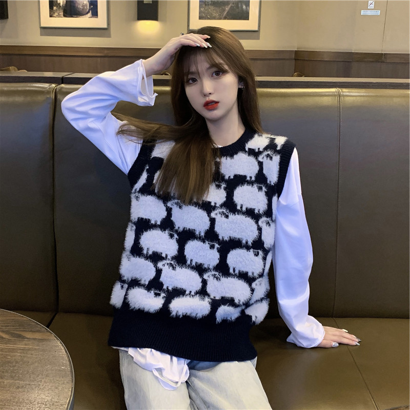 Sweater Vest Women Cartoon Sheep Printed Pullover Crew Neck Korean Style Loose All-match Female Autumn Outerwear Oversized Tops alx