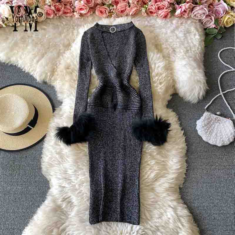 YornMona Autumn Winter Women Shining Knitted Sweater Dress Sexy Hollow Out V-neck Halter Bodycon Dress Red Christmas Party Dress alx