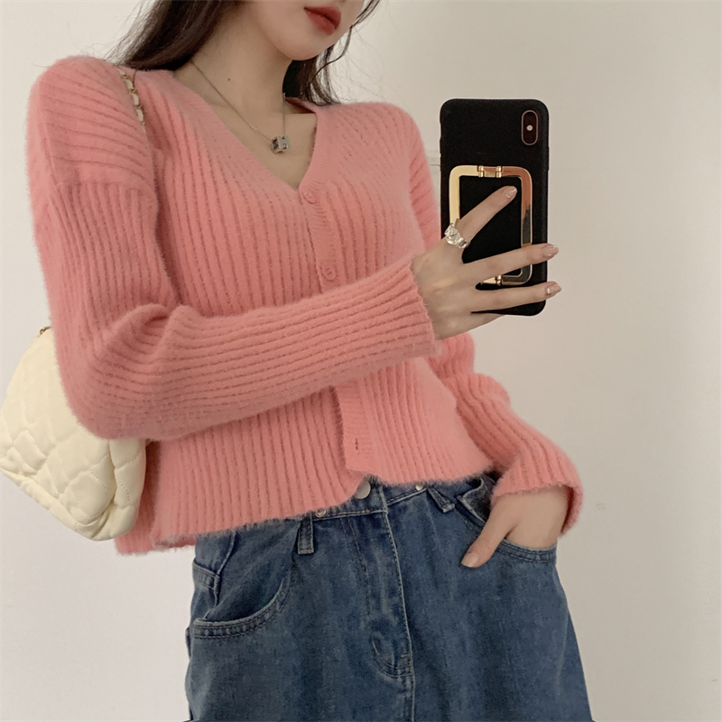 Tender Style V-neck Cardigans Women Fall Korean New Fashion Knitted Cropped Sweaters Simple All-match Baggy Ins Chic Sweet Girls alx