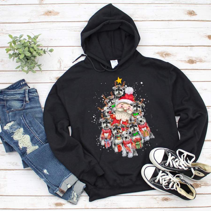 Schnauzer santa and lovely reindeer merry christmas great cute shirt for dog lover snow winter happy holiday xmas gift black hoodie for men and women S-5XL