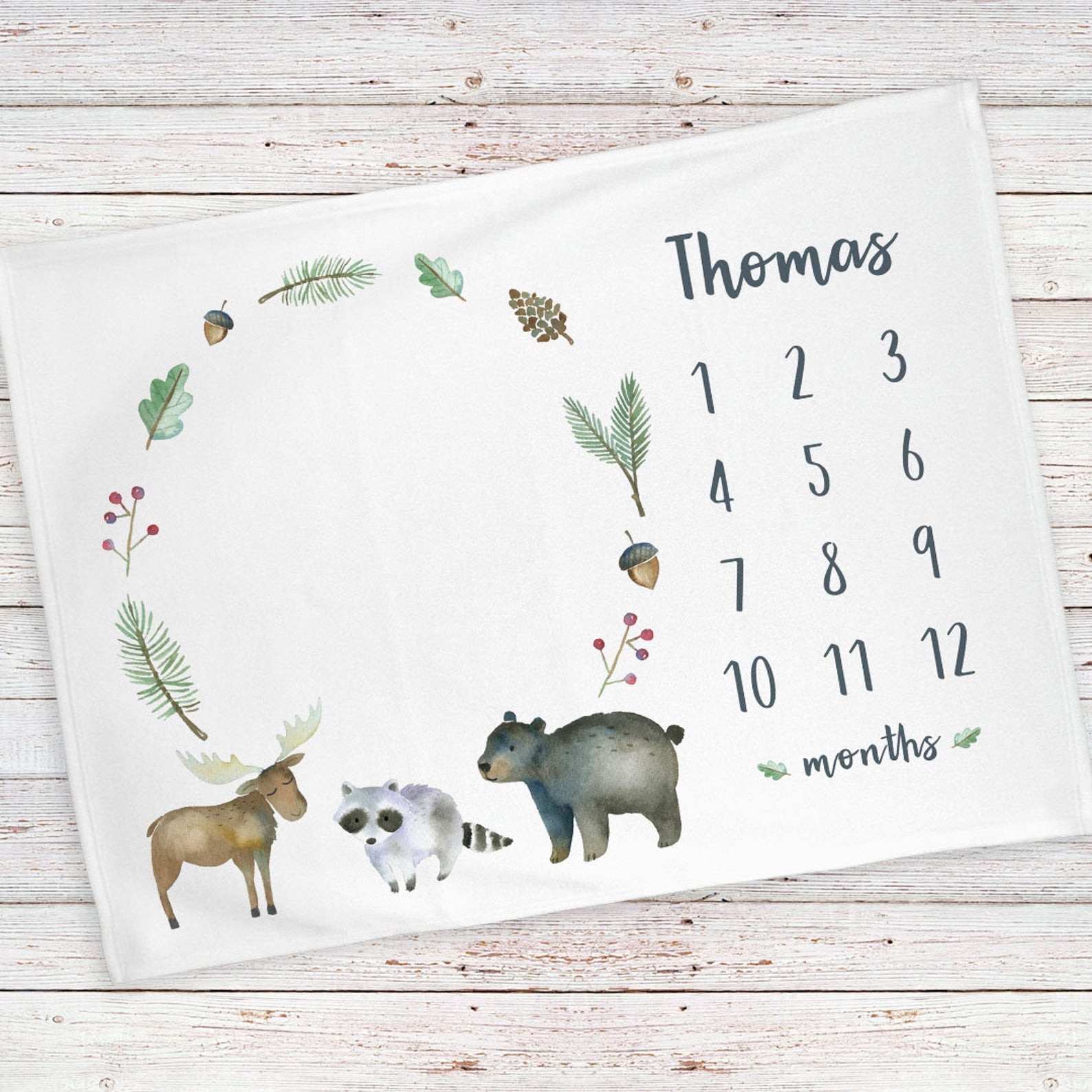 Woodland Animals Milestone Blanket, Monthly Growth Tracker Soft Fleece Blanket, Baby Shower Gift, Newborn Gift Blanket, Watch Me Grow Baby Boy