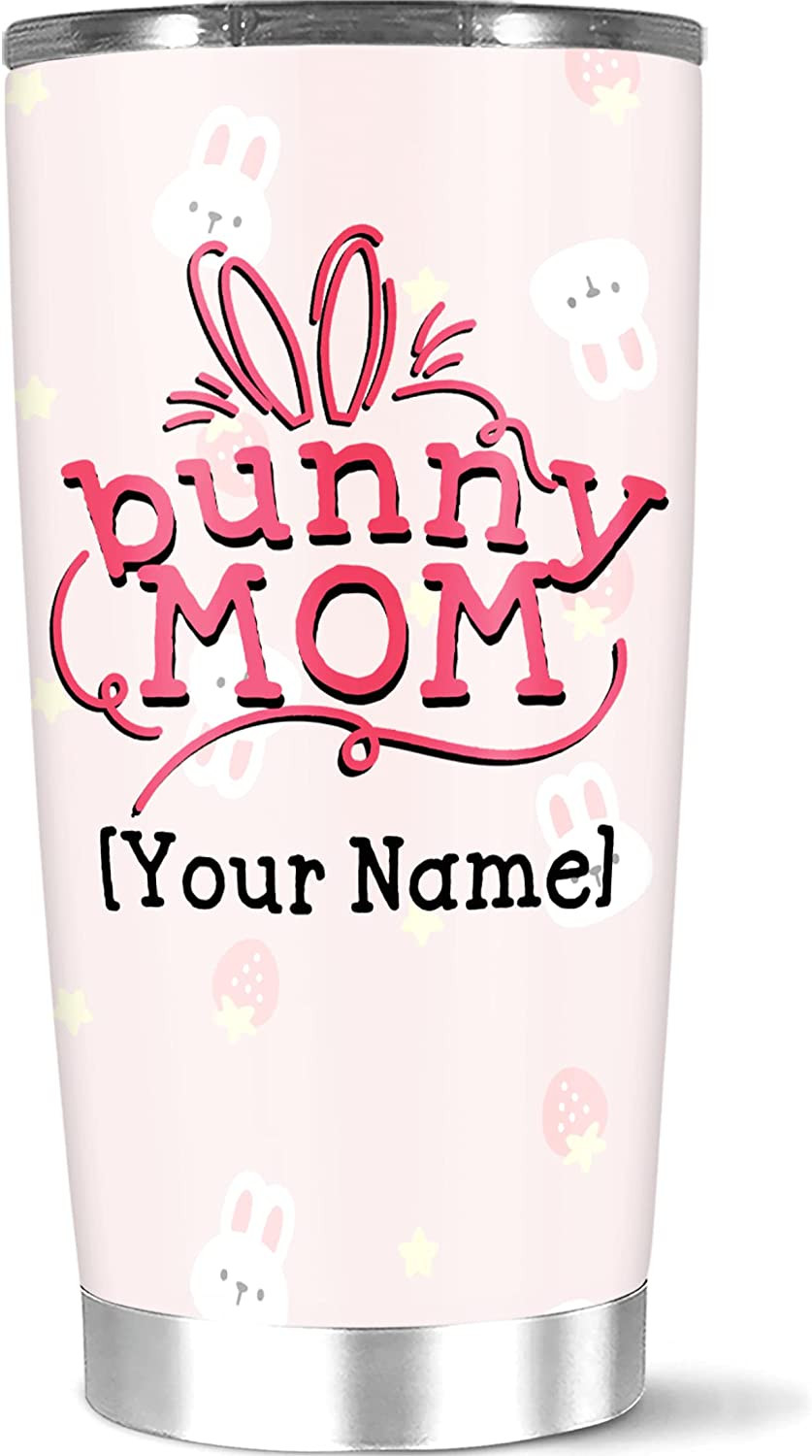 Personalized Coffee Tumbler Cute Bunny Mom Customized Name Novelty Cup Vacuum Insulated Double Walled Gifts For Rabbit Lovers Sister Brother Birthday Holiday Large 20 30 Oz Mug