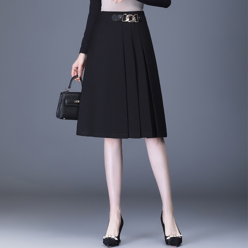 Women Pleated A-line Skirt Spring Autumn Knee Length Skirt Office Lady Elegant High Waist Loose Suit Skirts Black alx