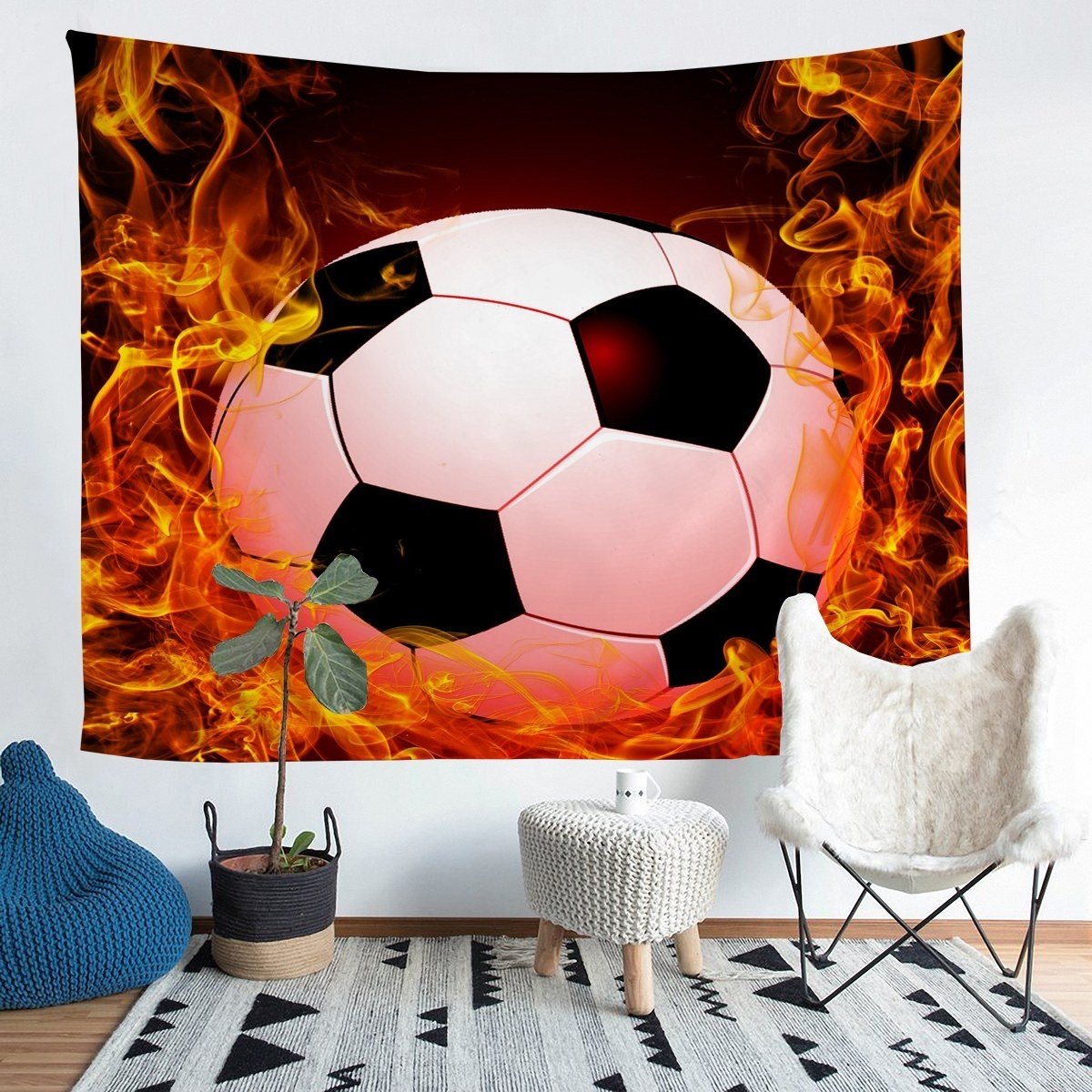 Football Wall Blanket Sports Theme Wall Hanging Burning Soccer Ball Pattern Tapestry For Kids Adults 3D America Football Print Wall Art Ultra Soft Room Decor Picnic Sheet