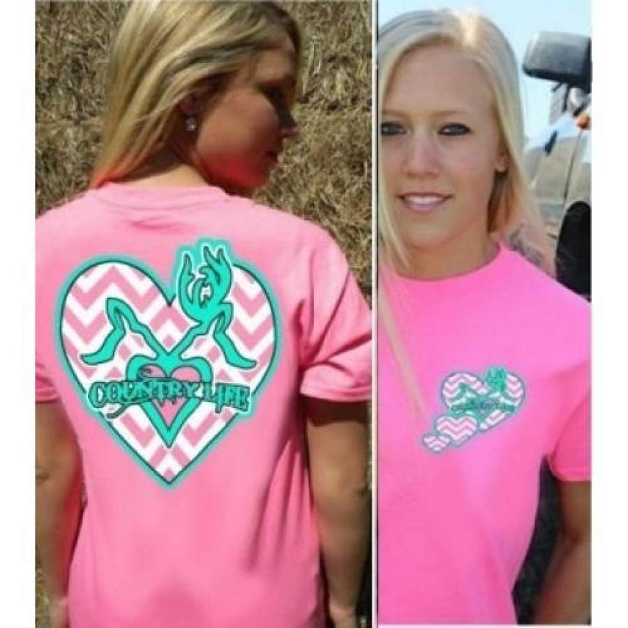 Country Life Outfitters Pink Chevron Deer Kiss Heart Love Hunt Vintage Bright T Shirt