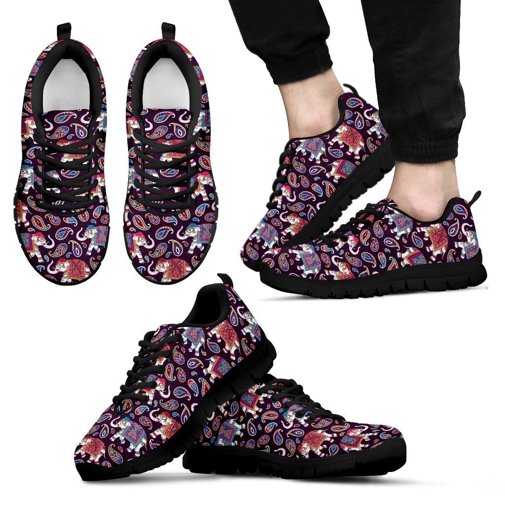 Paisleys Elephant Print Black Sneaker Shoes For Men Women