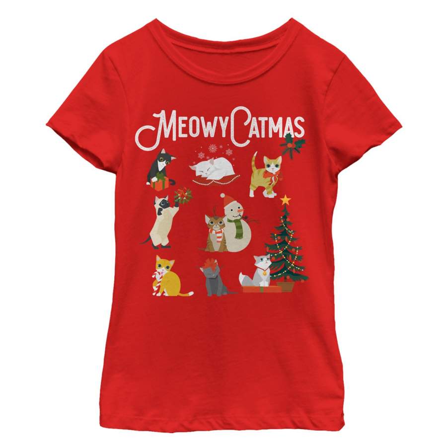 Lost Gods Girl’s Christmas Cat Collage  T Shirt