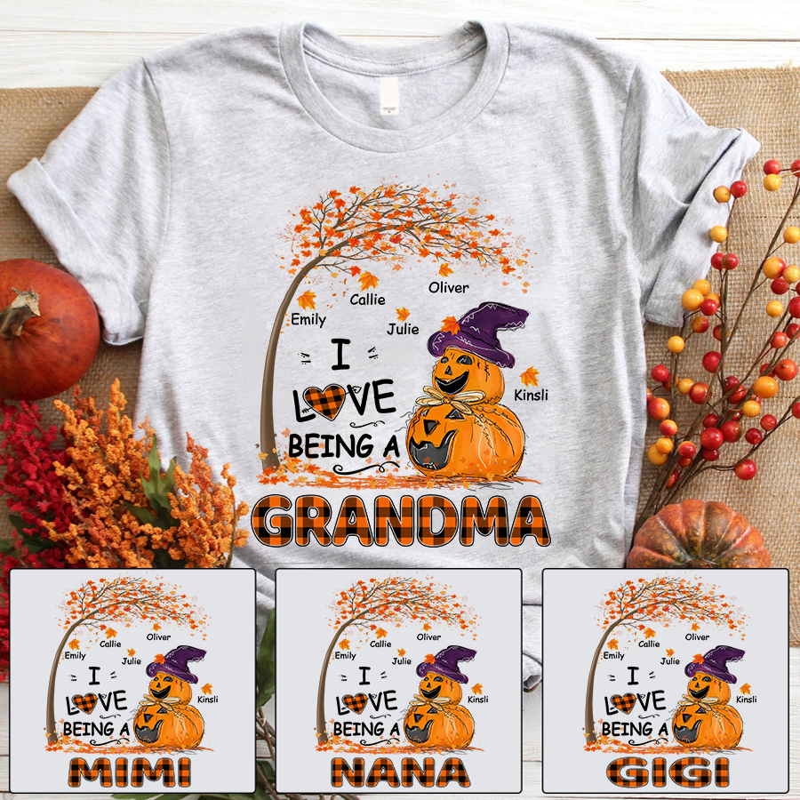 Personalized I Love Being A Grandma Pumpkin Autumn Tree T-Shirt Gift
