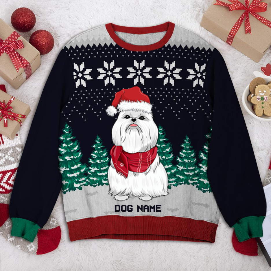 Shih Tzu Dog And Christmas Tree Personalized Sweater, Dog Ugly Christmas Sweater