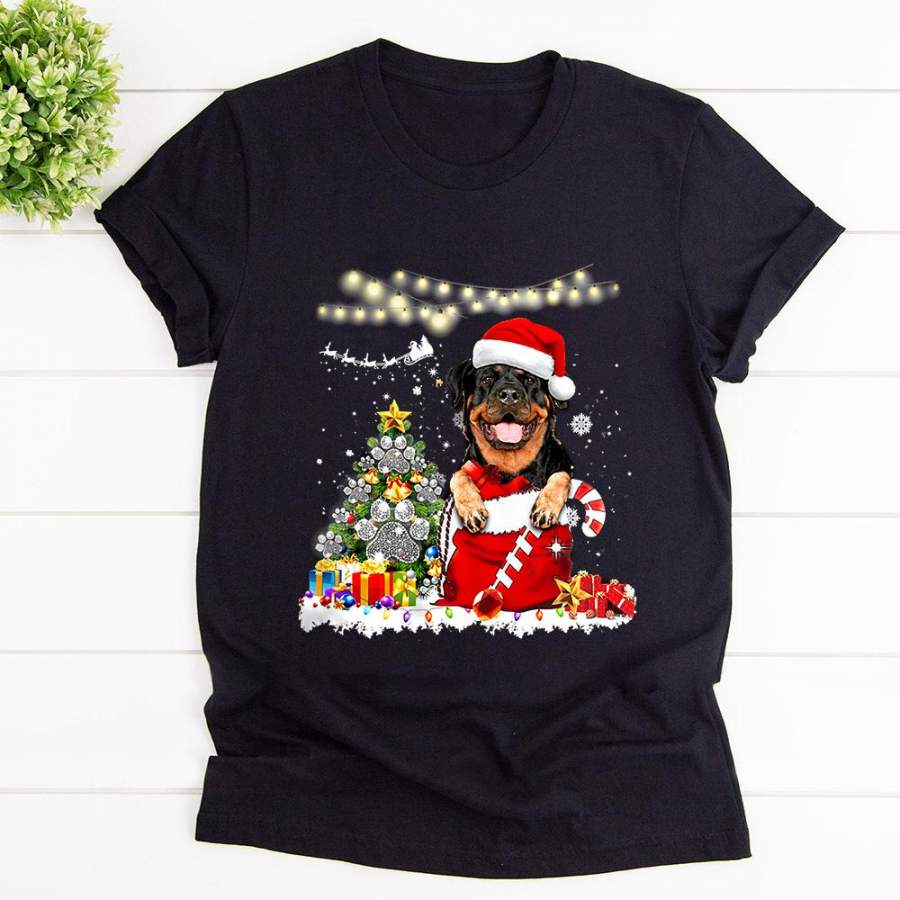 Christmas cute rottweiler merry christmas dog wearing santa hat candy cane paw print dog colorful light dog lovers gift black cotton t shirt for men and women S-6XL