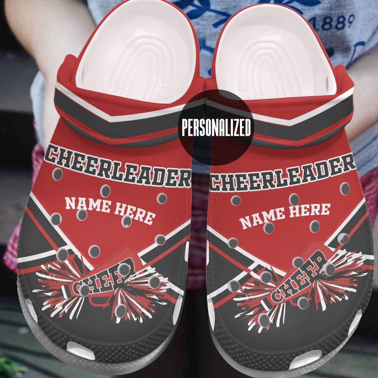 Cheerleader Personalized Clog, Custom Name, Text, Color, Number Fashion Style For Women, Men, Kid, Print 3D Red & White Stripes