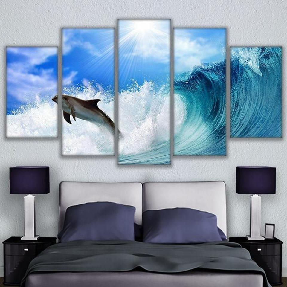 Dolphin On The Wave Animal 5 Panel Canvas Art Wall Decor