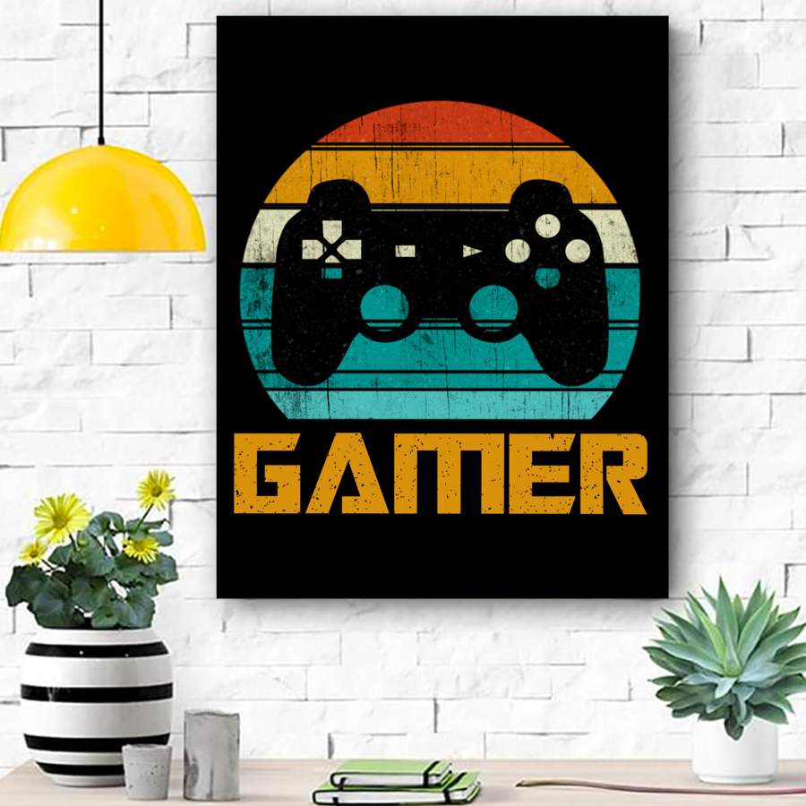 Retro Gamer Video Games Player Gaming Boys Teens Men Gift Canvas Print Wall Art – Matte Canvas