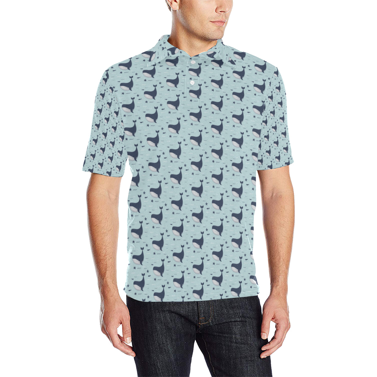 Whale Cute Design Themed Print Men Polo Shirt