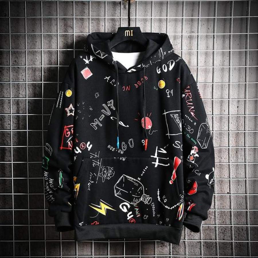 Men Anime Print Long Sleeves Pullovers Hoodies