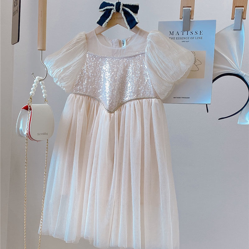 2021 Girls Baby Summer Sequins Dress Puff Sleeved Kids Mesh Princess Birthday Party Dresses Vestidos Children Clothes alx