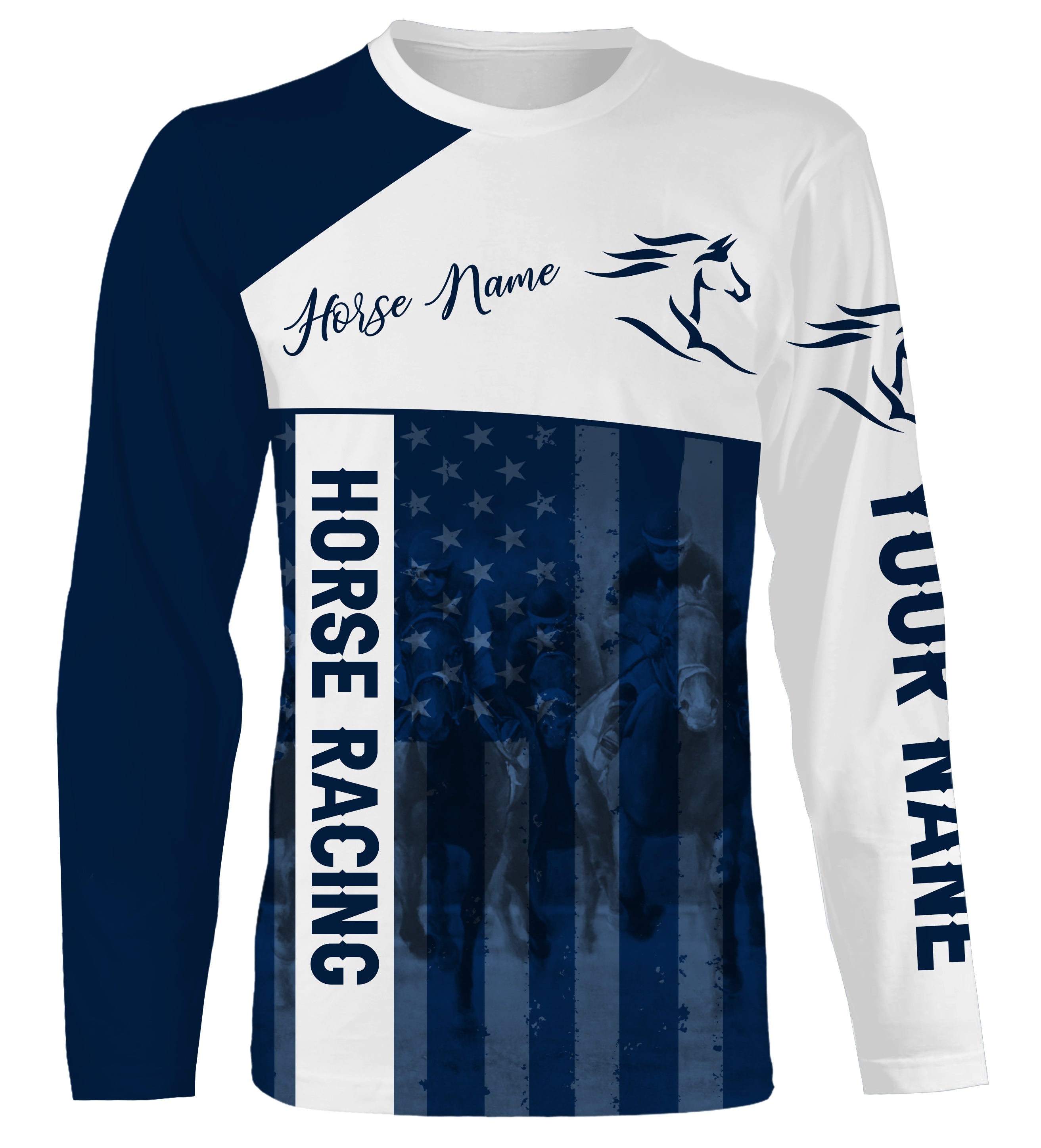 American Horse Running Racing Blue Customize Name And Horse Name 3D All Over Printed Shirts Personalized Gifts For Team Rider Nqs2805